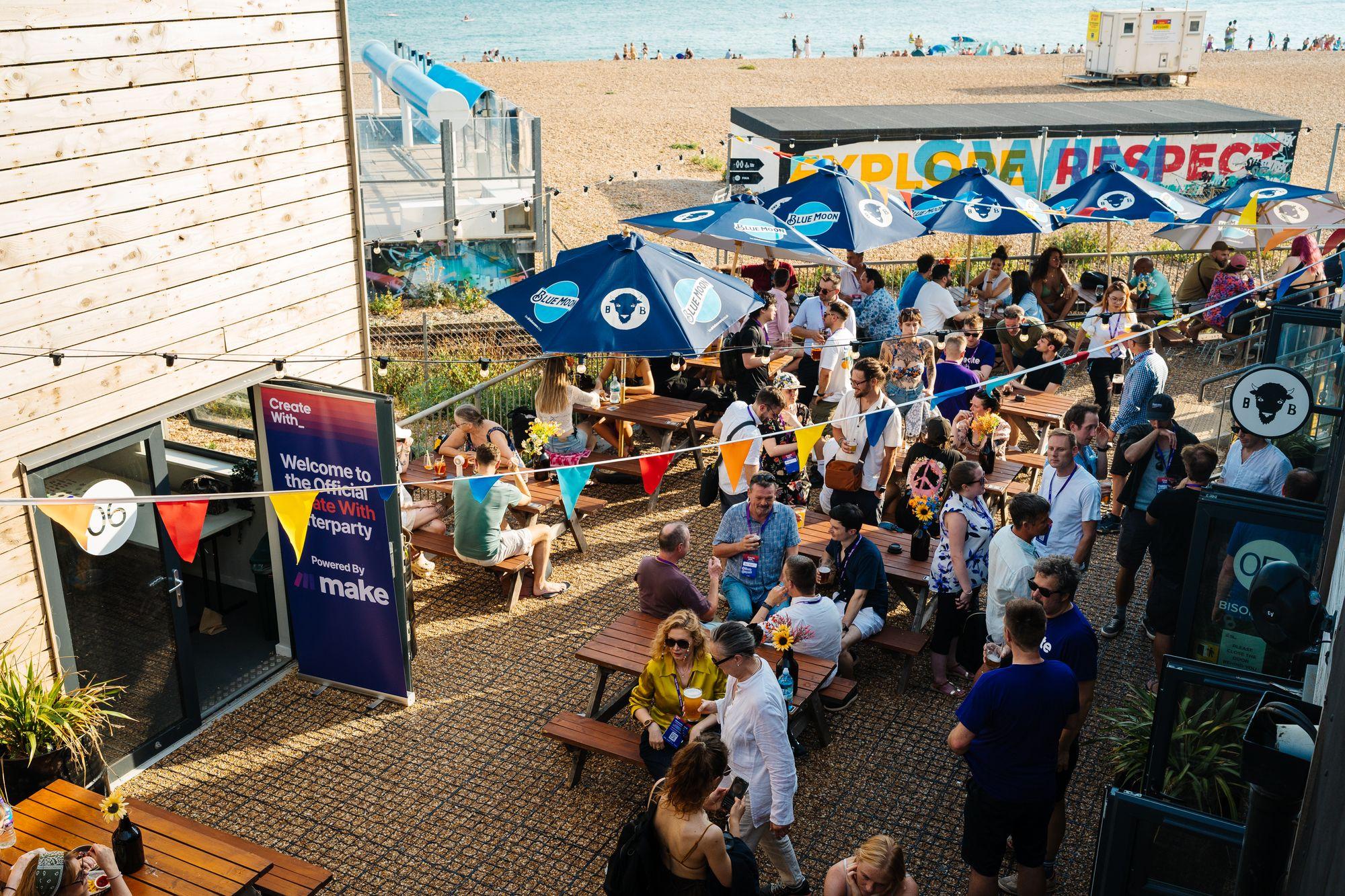 The afterparty on the beach terrace, umbrellas and bunting