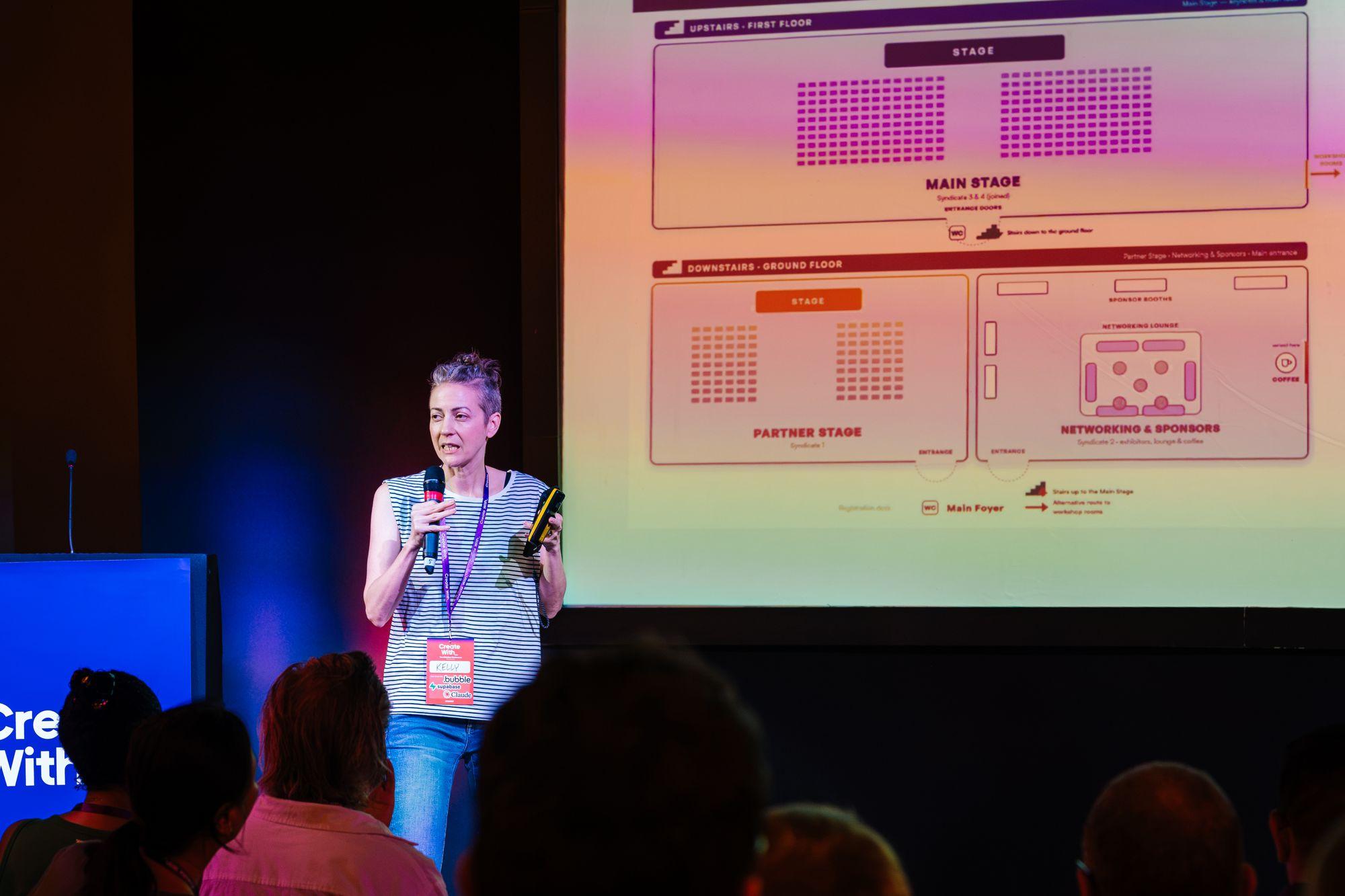 A speaker walking the audience through the day's plan on the main stage