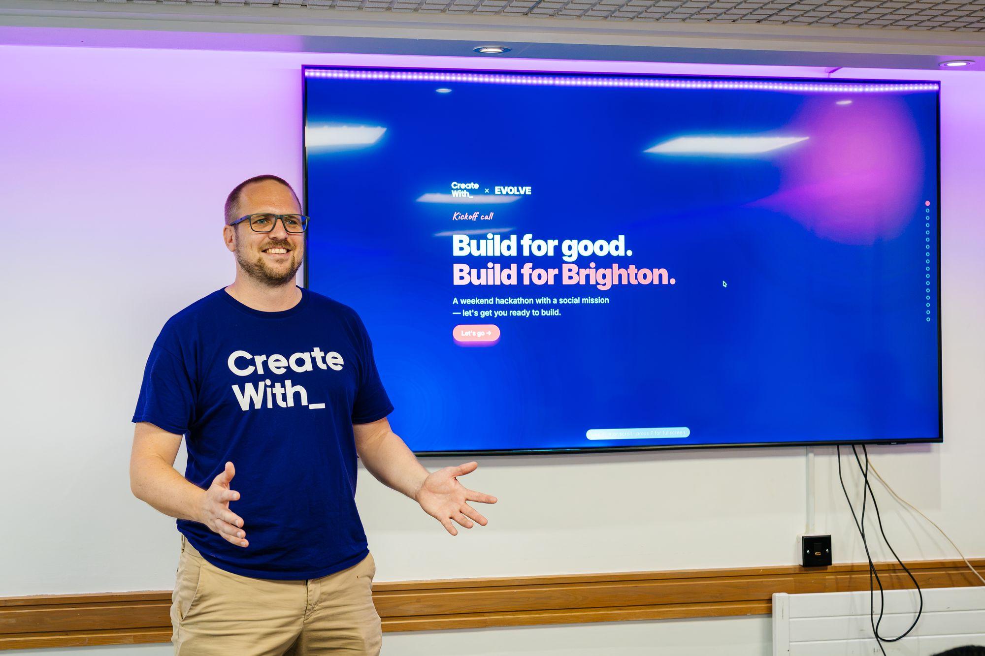 The hackathon brief on screen: Build for good. Build for Brighton.