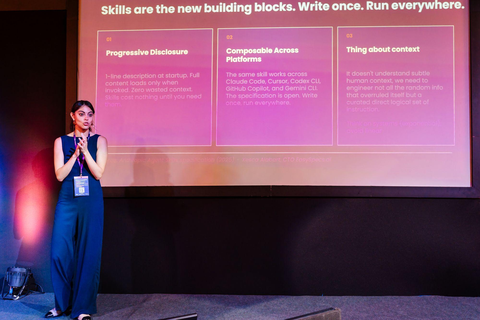 A speaker on the main stage: Skills are the new building blocks. Write once. Run everywhere.