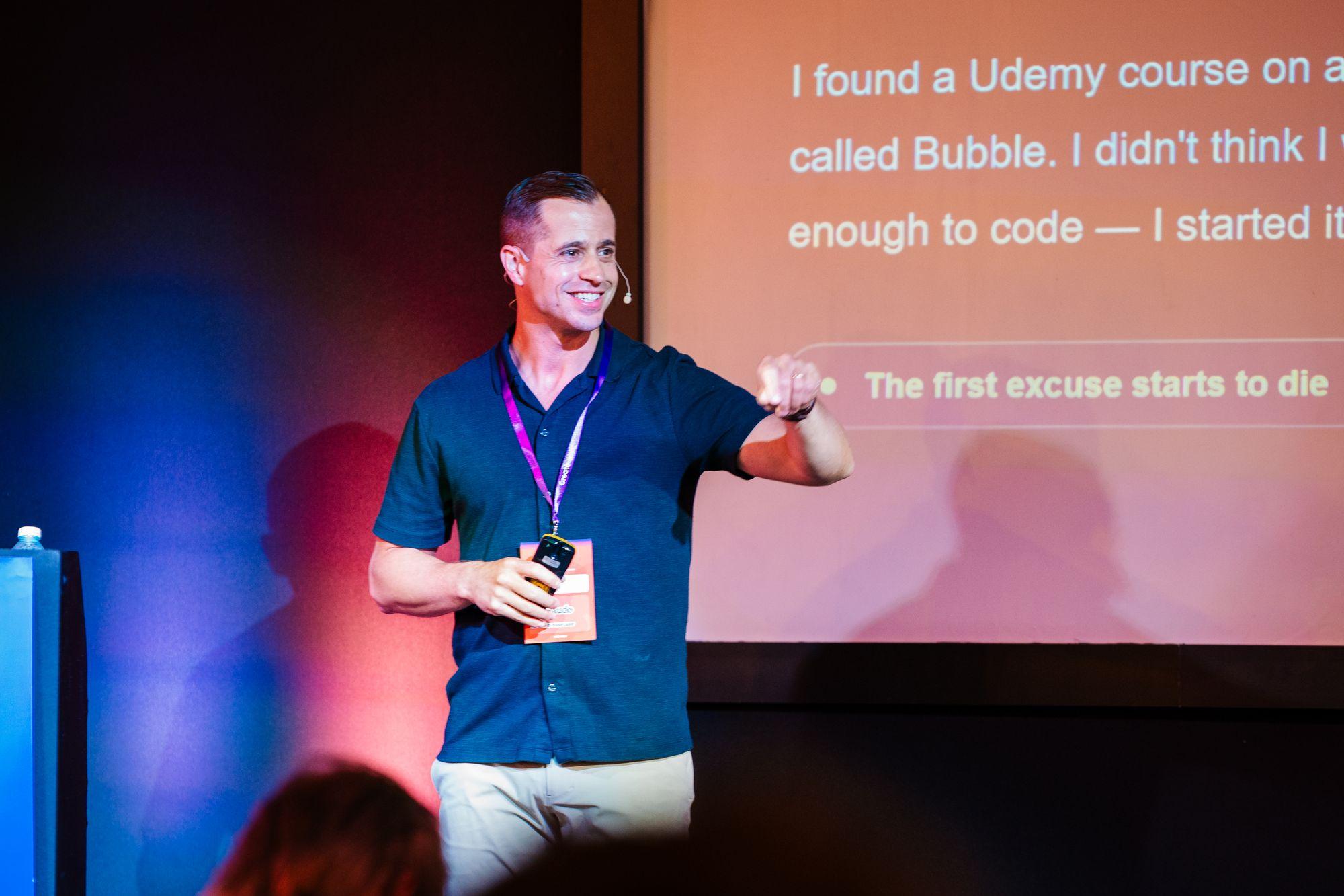 A speaker telling the story of finding a Udemy course called Bubble