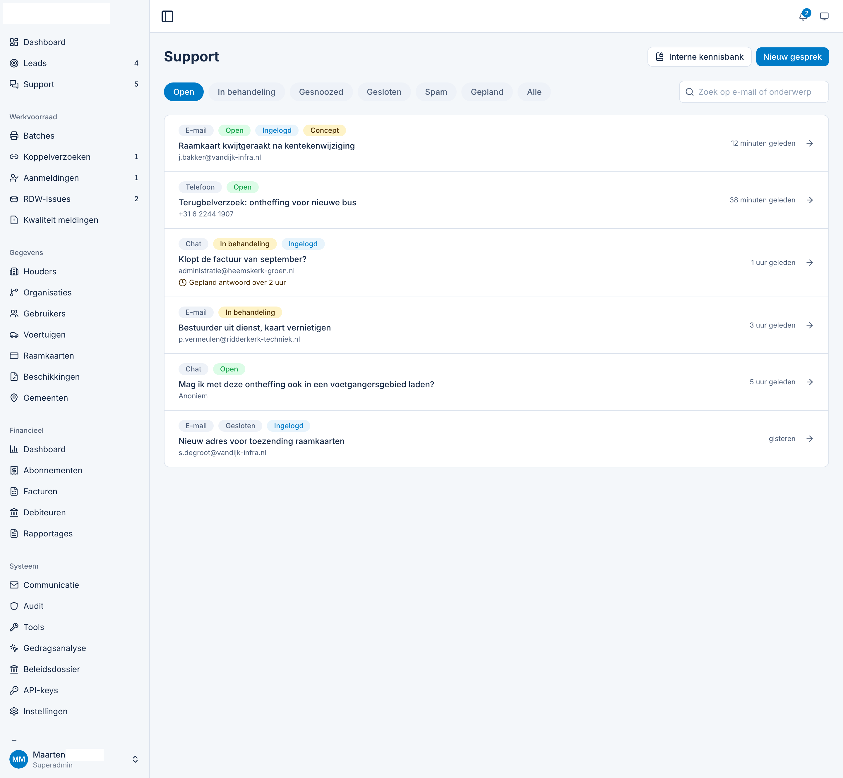 His support inbox. Email, phone and chat in one queue, with drafted replies waiting.