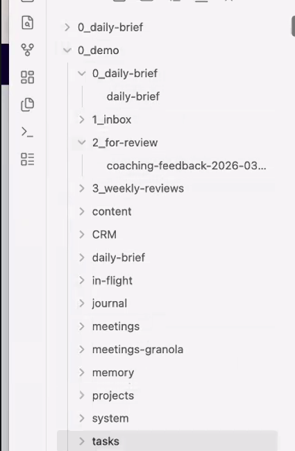 Demo screenshot with dummy data. The whole business in one sidebar, CRM, tasks, meetings, projects and a review queue, every one a folder of plain markdown.
