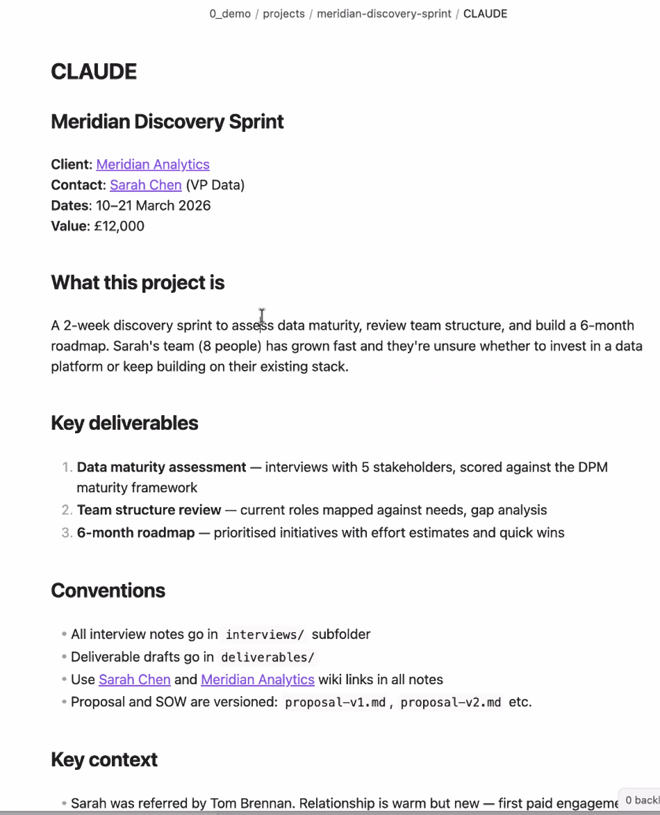 Demo screenshot with dummy data. A project's CLAUDE.md, holding client, contact, deliverables and conventions, which is why "update the proposal" needs no further explanation.