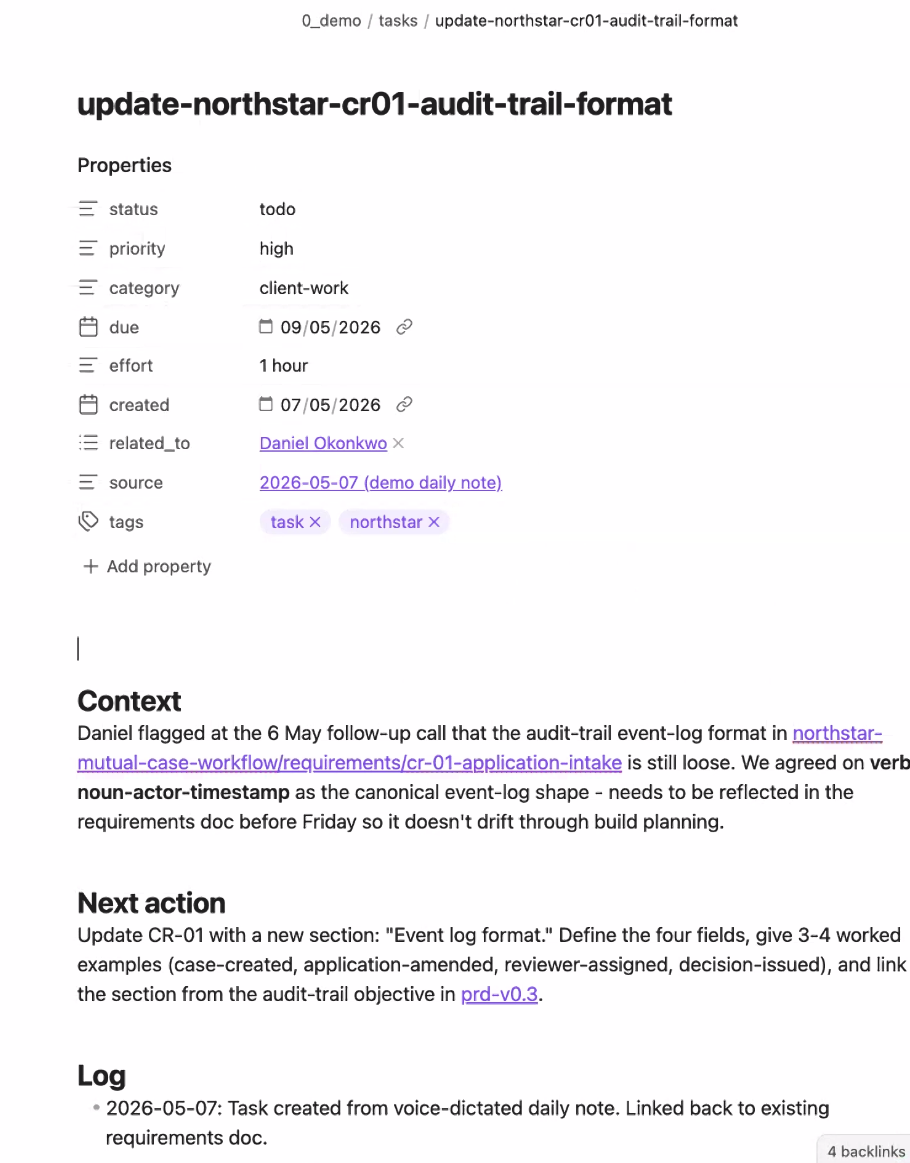 Demo screenshot with dummy data. A task the AI created for itself, with status, priority, due date, an effort estimate and links back to the note it came from. He never writes these by hand.