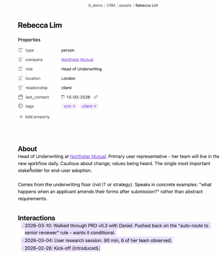 Demo screenshot with dummy data. A CRM person note, with role, relationship and an interaction log that updates after every call without him touching it.