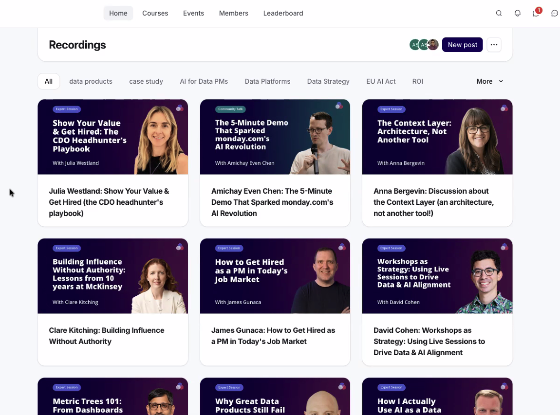The actual community recordings library after the rebrand. Every thumbnail was regenerated to the new design in one request, then updated across the library.