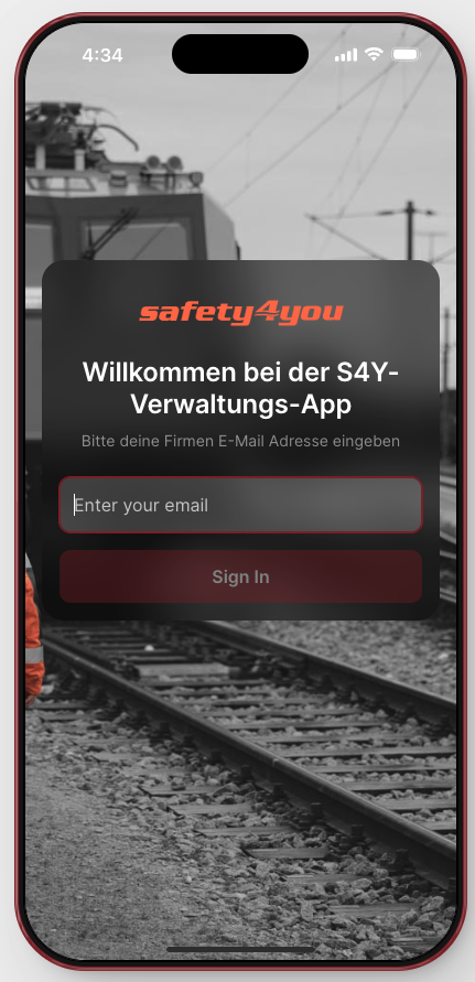 The real sign-in screen of the employee app, with no data on it. Employees sign in with their company email, and the same app later took on their pre-shift checklist.