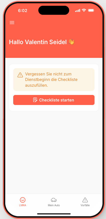 The employee's home screen in the app, as supplied by Alexander. It reminds him to complete the checklist before his shift, and the three tabs are his risk analysis, his car and incident reporting.