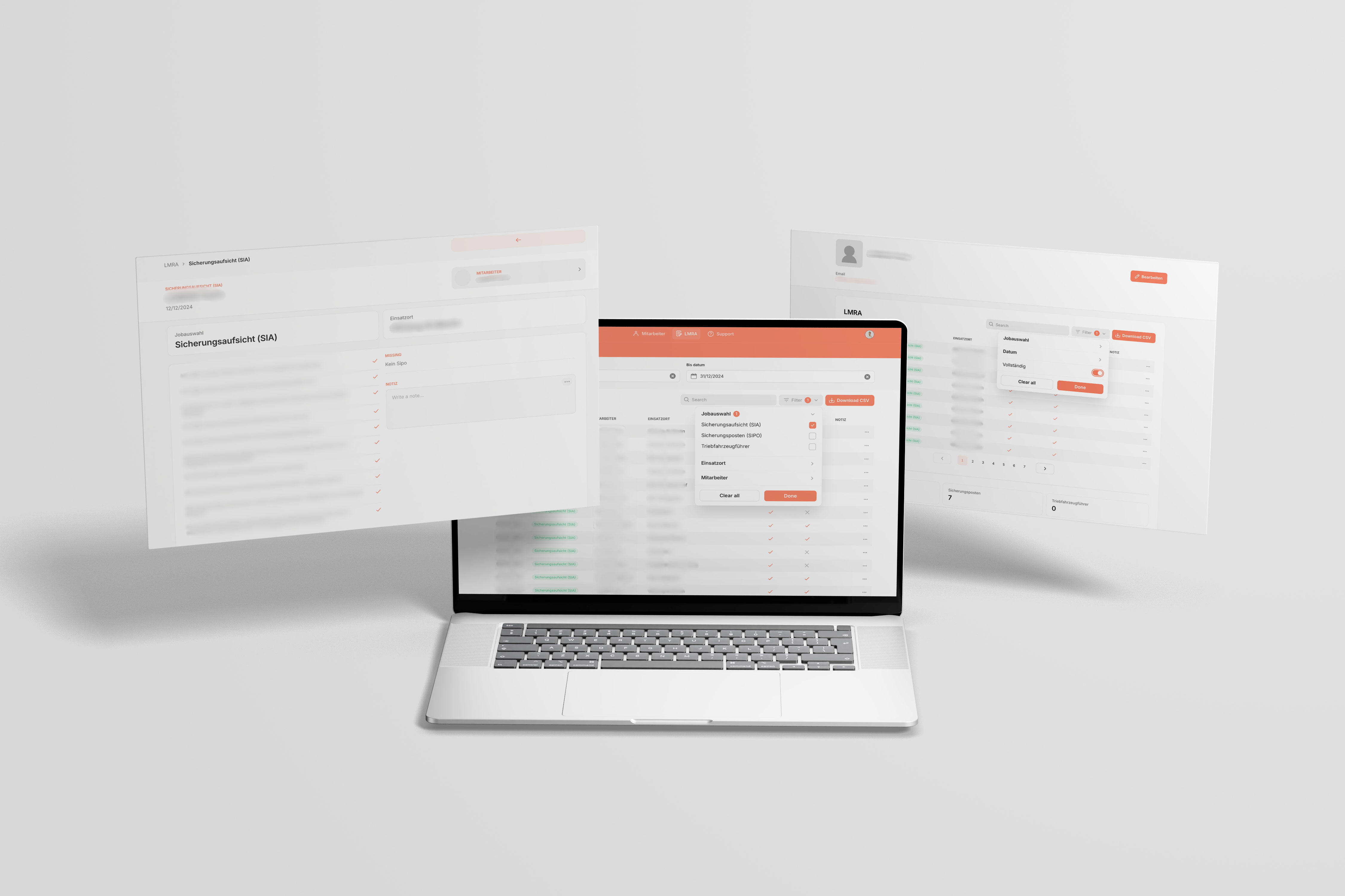 The real app, with the names and details blurred by Alexander's team. One submitted checklist shows an item flagged as missing, with space for a note against it.
