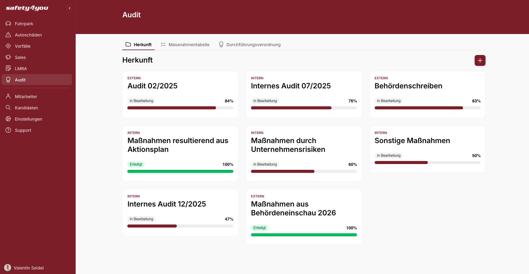 The audit module, as supplied by Alexander. Each audit is a card with its own completion percentage, with internal and external audits side by side.